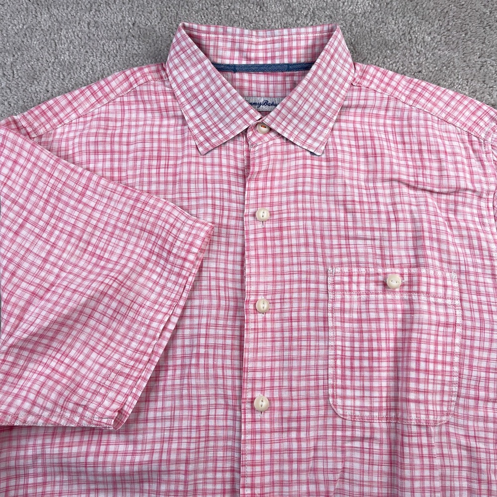 Tommy Bahama Shirt‎ Mens Medium Pink Checkered Linen Tencel Blend Beach Coastal